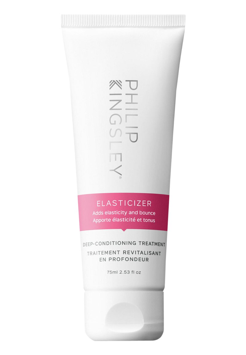 Weiße Röhrenverpackung mit rosa Akzenten. Der Text enthält "Elasticizer" und "Tiefenpflegebehandlung." Füllmenge 75 ml (2,53 fl oz).