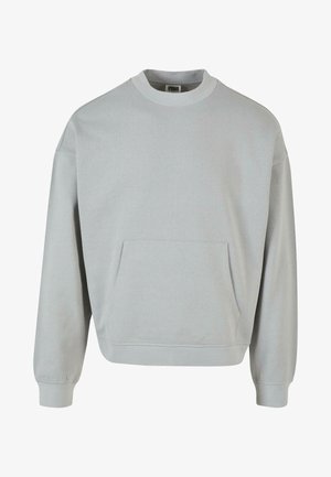 Hellgrauer Sweatshirt mit Rundhalsausschnitt, langen Ärmeln und einer vorderen Kängurutasche. Hergestellt aus einem weichen, strukturierten Stoff.