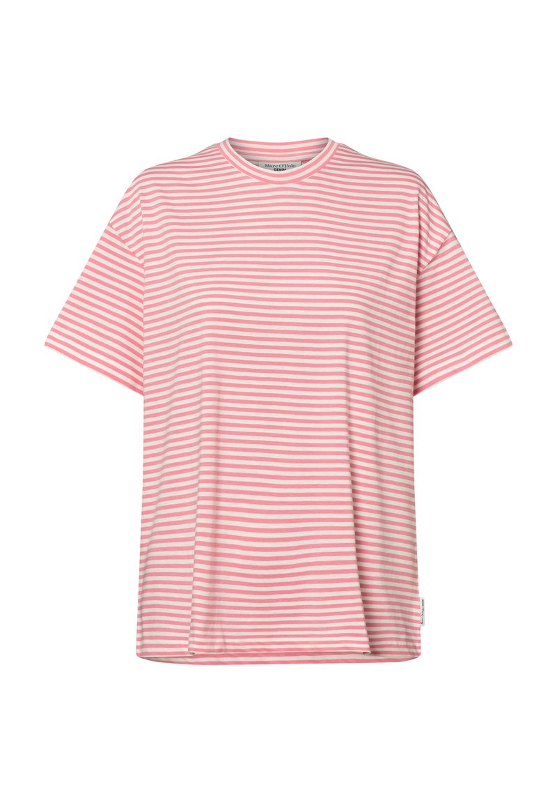 Roze en witte gestreepte t-shirt met korte mouwen en een ronde hals, gemaakt van zachte stof. Normale pasvorm met een rechte zoom en zijlabeldetail.