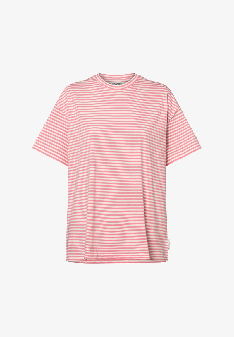 Roze en witte gestreepte t-shirt met korte mouwen en een ronde hals, gemaakt van zachte stof. Normale pasvorm met een rechte zoom en zijlabeldetail.