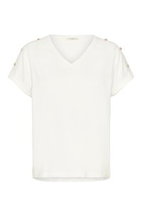 White V-neck shirt with short sleeves, soft texture, and decorative gold buttons on the shoulder. Straight cut and relaxed fit.