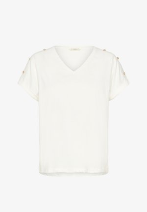 White V-neck shirt with short sleeves, soft texture, and decorative gold buttons on the shoulder. Straight cut and relaxed fit.