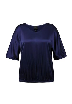 Marineblå satinbluse med korte, brede ærmer og V-udskæring. Har en elastisk nederste kant for en afslappet pasform. Glat tekstur, minimalistisk design.