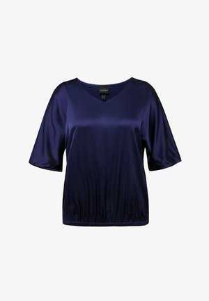 Marineblå satinbluse med korte, brede ærmer og V-udskæring. Har en elastisk nederste kant for en afslappet pasform. Glat tekstur, minimalistisk design.