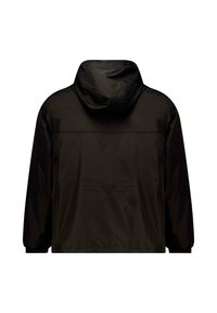 Zwarte windjack, lichtgewicht stof, met een capuchon, elastische manchetten en een eenvoudig, strak ontwerp met minimale details.