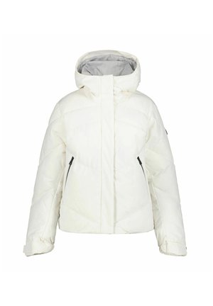 Witte gewatteerde winterjack met capuchon, voorrits bedekt met een flap, en twee zwarte ritszakken aan de zijkant.