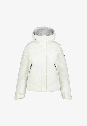 White padded winter jacket with hood, front zipper covered by flap, and two black zippered side pockets.