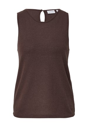 Brown sleeveless top with a textured finish, featuring a keyhole back detail and rounded neckline. Suitable for casual wear.