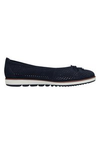 Navy blue perforated suede ballet flats with a bow detail on the toe, rounded shape, and a flexible white rubber sole.