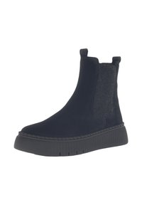 Botte noire à cheville avec une finition en daim lisse, panneau latéral élastique et semelle en caoutchouc épaisse présentant une texture nervurée et un subtil détail de couture.
