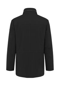 Schwarze Jacke mit hohem Kragen, langen Ärmeln und einem klaren, minimalistischen Design, das eine glatte Textur und keine sichtbaren Muster aufweist.