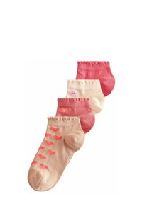 Fyra par bomullskarlsockor i nyanser av rosa och beige, med mönster som hjärtan och blommor, samt en ribbad mudddesign.