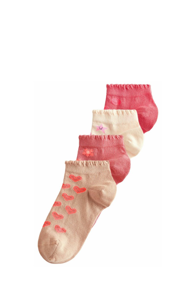 Fyra par bomullskarlsockor i nyanser av rosa och beige, med mönster som hjärtan och blommor, samt en ribbad mudddesign.