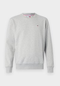 Felpa grigia in materiale morbido, con scollo tondo, maniche lunghe e un piccolo logo sul petto. Polsini e orlo a costine.