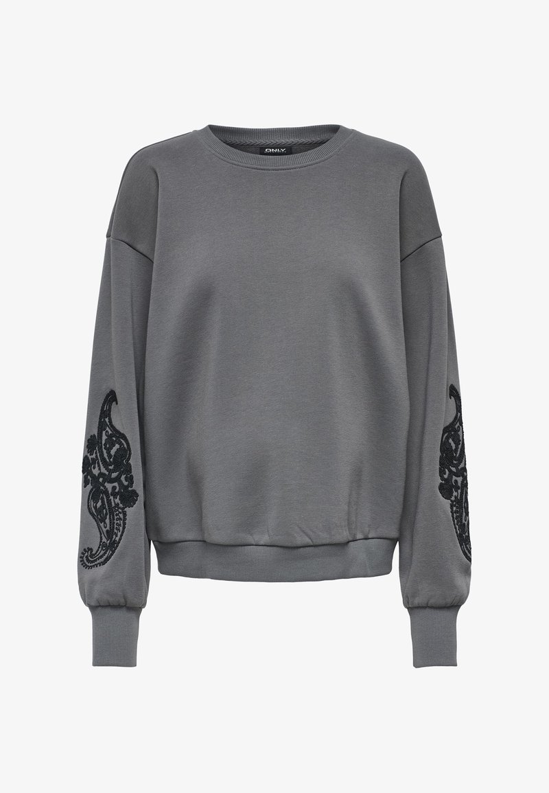 Sweat-shirt gris à manches longues et col rond avec broderie florale noire de style paisley sur les deux manches, poignets et ourlet côtelés.