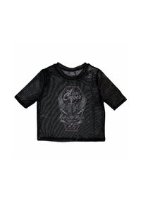 Black mesh short-sleeve top featuring an Alice Cooper graphic design with text and wing accents in gray and red. Rounded neckline.
