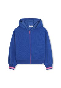 Blue ribbed zip-up hoodie featuring a pink zipper, pink and blue striped cuffs, and a cozy hood. Made from soft, textured fabric.