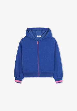 Blauwe geribbelde hoodie met rits, featuring een roze rits, roze en blauwe gestreepte manchetten, en een comfortabele capuchon. Gemaakt van zacht, textuurstof.