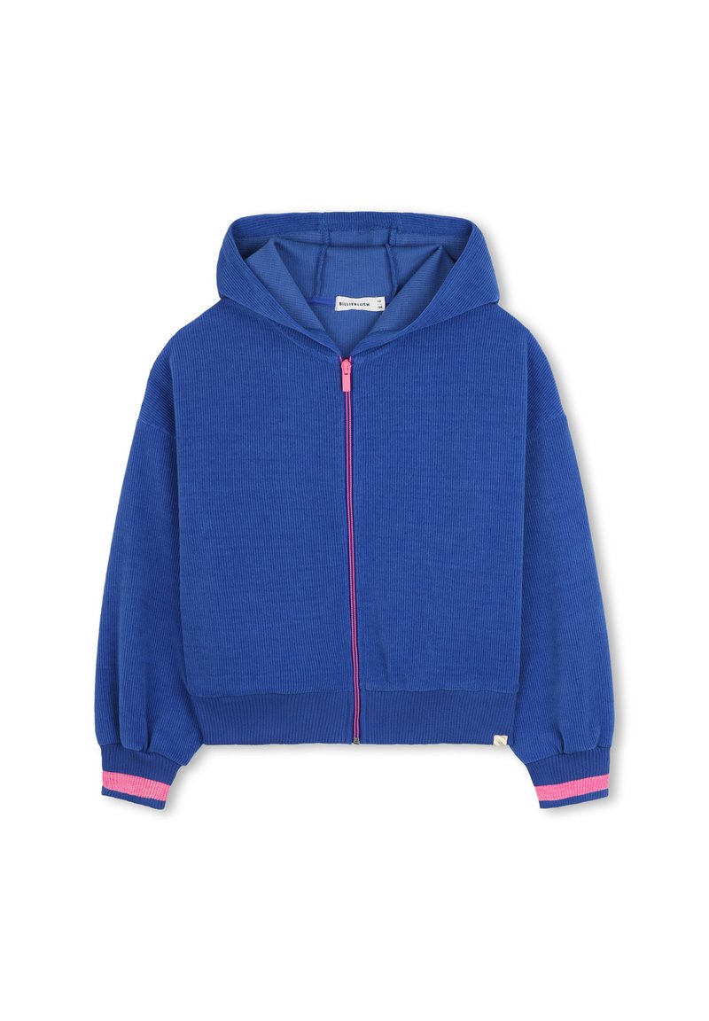 Blue ribbed zip-up hoodie featuring a pink zipper, pink and blue striped cuffs, and a cozy hood. Made from soft, textured fabric.