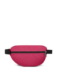 Rosa tygmidjeväska med dragkedjestängning, justerbar svart rem och en slät yta. Har en rundad form och minimal design.