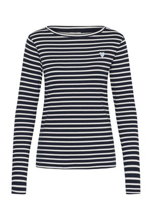 Chemise à manches longues rayée horizontale bleu marine et blanche avec un petit détail cœur bleu clair sur la poitrine gauche.