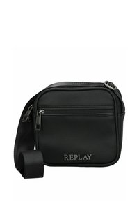 Borsa a tracolla nera realizzata in materiale sintetico testurizzato, con tasca a zip frontale e tracolla regolabile. Logo "REPLAY" visibile sul davanti.