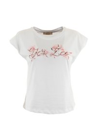 T-shirt bianco a maniche corte con ricami floreali in rosa e grigio sulla parte frontale. Tessuto in cotone morbido, scollatura rotonda, vestibilità comoda.