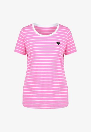 Pink short-sleeve t-shirt with white horizontal stripes, a white round neckline, and a small black heart on the left chest.