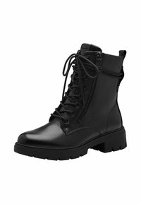 Black lace-up ankle boots with a textured leather surface, chunky sole, side zipper, and a pull tab at the back.