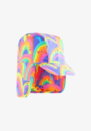 Colorful cap with a wide brim, featuring a rainbow pattern with smiling faces on a glossy, waterproof fabric. Designed for sun protection.