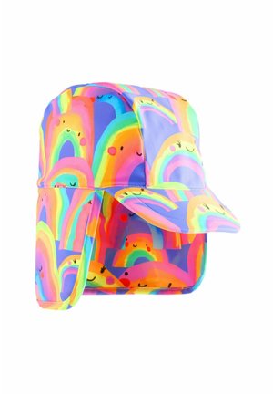 Colorful cap with a wide brim, featuring a rainbow pattern with smiling faces on a glossy, waterproof fabric. Designed for sun protection.