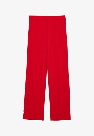 Pantaloni rossi a gamba larga realizzati in tessuto liscio, dotati di tasche frontali e con una finitura sartoriale senza decorazioni o modelli.