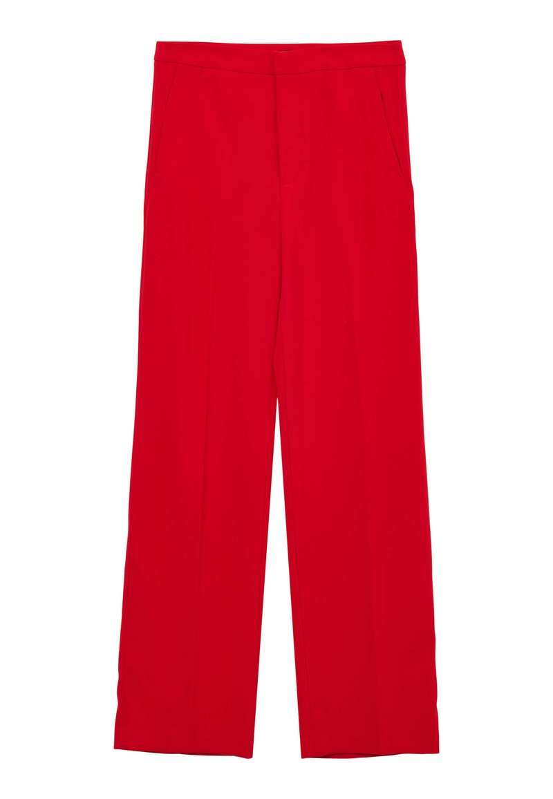 Rote, weit geschnittene Hosen aus glattem Stoff, mit frontalen Taschen und einem maßgeschneiderten Finish ohne Verzierungen oder Muster.