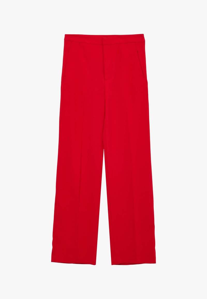 Rote, weit geschnittene Hosen aus glattem Stoff, mit frontalen Taschen und einem maßgeschneiderten Finish ohne Verzierungen oder Muster.