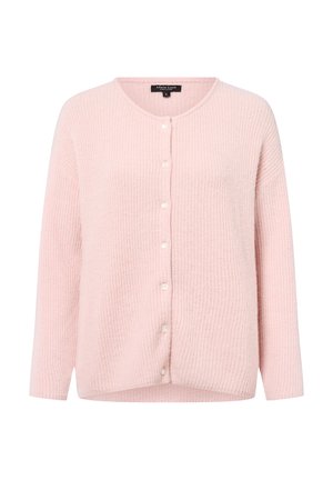 Rosa Strickjacke aus strukturierter Maschenware. Enthält einen runden Halsausschnitt, lange Ärmel und fünf weiße Knöpfe auf der Vorderseite.