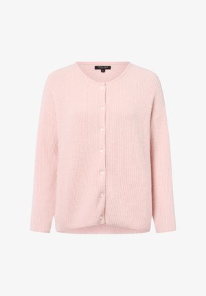 Różowy kardigan wykonany z teksturowanej dzianiny. Posiada okrągły dekolt, długie rękawy i pięć białych guzików z przodu.