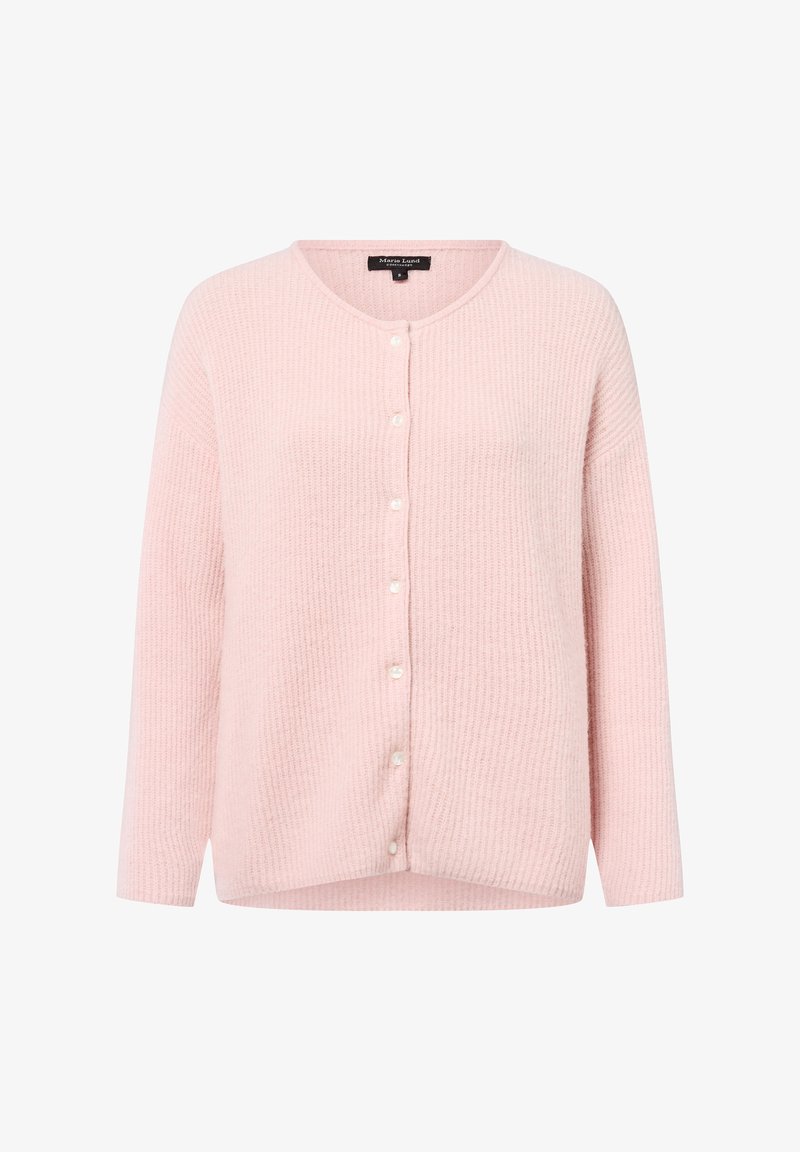 Rosa Strickjacke aus strukturierter Maschenware. Enthält einen runden Halsausschnitt, lange Ärmel und fünf weiße Knöpfe auf der Vorderseite.