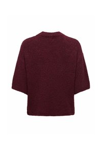 Maglione a maglia borgogna con maniche corte, collo a costine e tessuto testurizzato. Presenta una forma ampia e quadrata senza chiusure visibili.