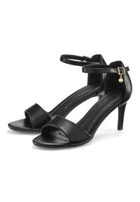 Black high-heeled sandals with a smooth leather texture, open-toe design, and adjustable ankle strap featuring a gold-tone buckle accent.