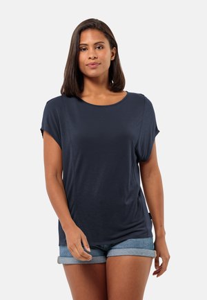T-shirt a maniche corte blu navy con collo rotondo, realizzato in tessuto liscio, caratterizzato da una vestibilità rilassata e cuciture laterali sottili.