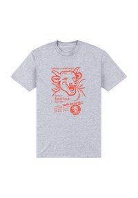 Grå bomull t-shirt med en röd grafisk illustration av en ko, med dekorativ text på franska som främjar ost och näring.