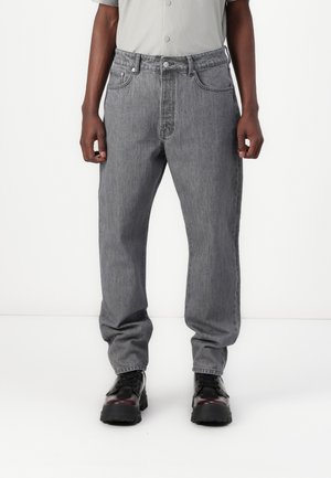 Gray denim jeans with a relaxed fit, five pockets, and a button closure. The fabric has a subtle texture and slightly faded finish.