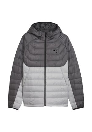 Veste à capuche rembourrée grise et gris clair avec fermeture éclair devant et logo Puma noir sur la poitrine, manches longues, design matelassé.