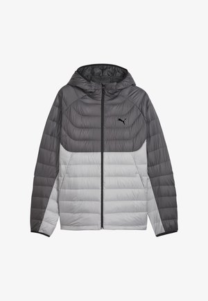 Šedá a světle šedá zateplená bunda s kapucí, předním zipem a černým logem Puma na hrudi, dlouhé rukávy, prošívaný design.