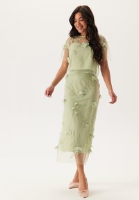 Hellgrünes Midikleid mit transparenter Überlagerung, floraler Stickerei, kurzen Ärmeln und einer figurnahen Silhouette. Kombiniert mit blassrosa Ballettschuhen.