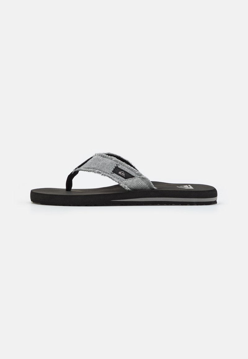 Black flip-flops with a textured gray fabric strap, featuring a logo detail and a thick rubber sole with a slight grip pattern.