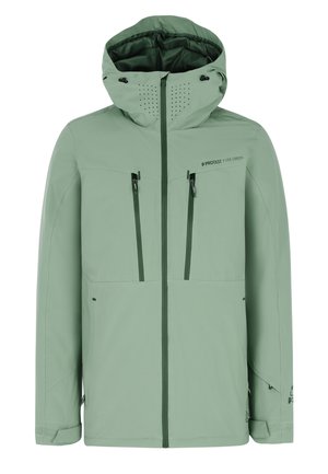 Mintgroene waterdichte jas met een capuchon, voorzien van ritszakken, ventilatiegaten en een gladde textuur. Accenten in een donkerdere groene tint.