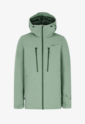 Vihreä mintunvärinen vedenpitävä takki hupulla, jossa on vetoketjulliset taskut, ilmastointireiät ja sileä pinta. Tummemman vihreän yksityiskohtia.