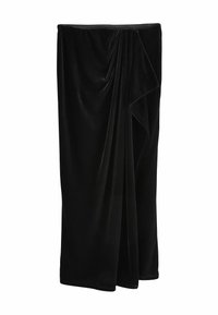 Black velvet skirt with a draped design, featuring soft, smooth texture and an elegant wrap detail on one side. Mid-length silhouette.