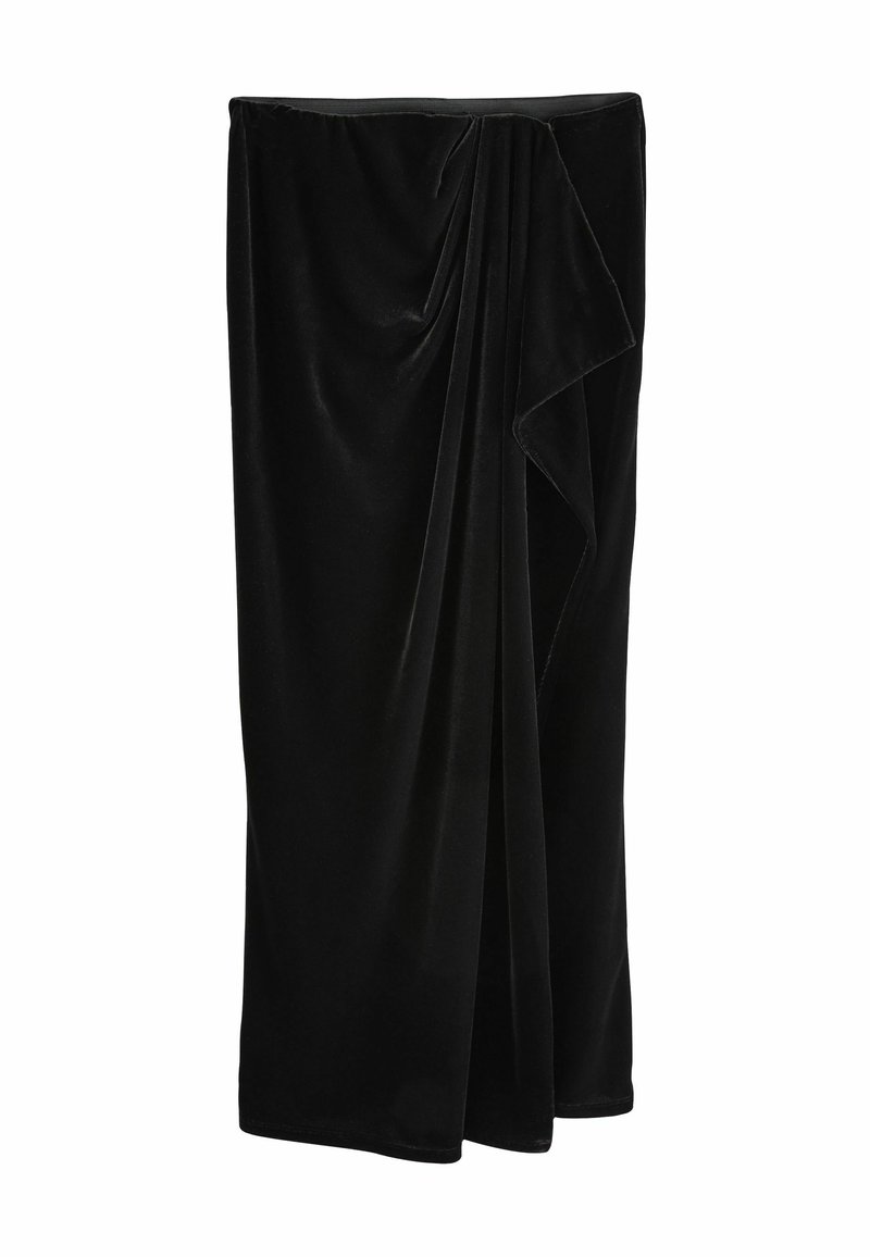 Black velvet skirt with a draped design, featuring soft, smooth texture and an elegant wrap detail on one side. Mid-length silhouette.